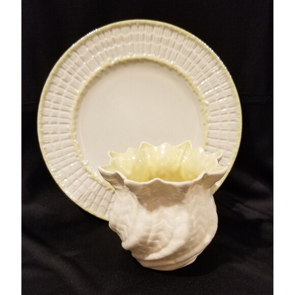 Irish Belleek Ireland Sea Shell Vase & 8" Plate Green 5th Mark 1965-1975 - Picture 11 of 11
